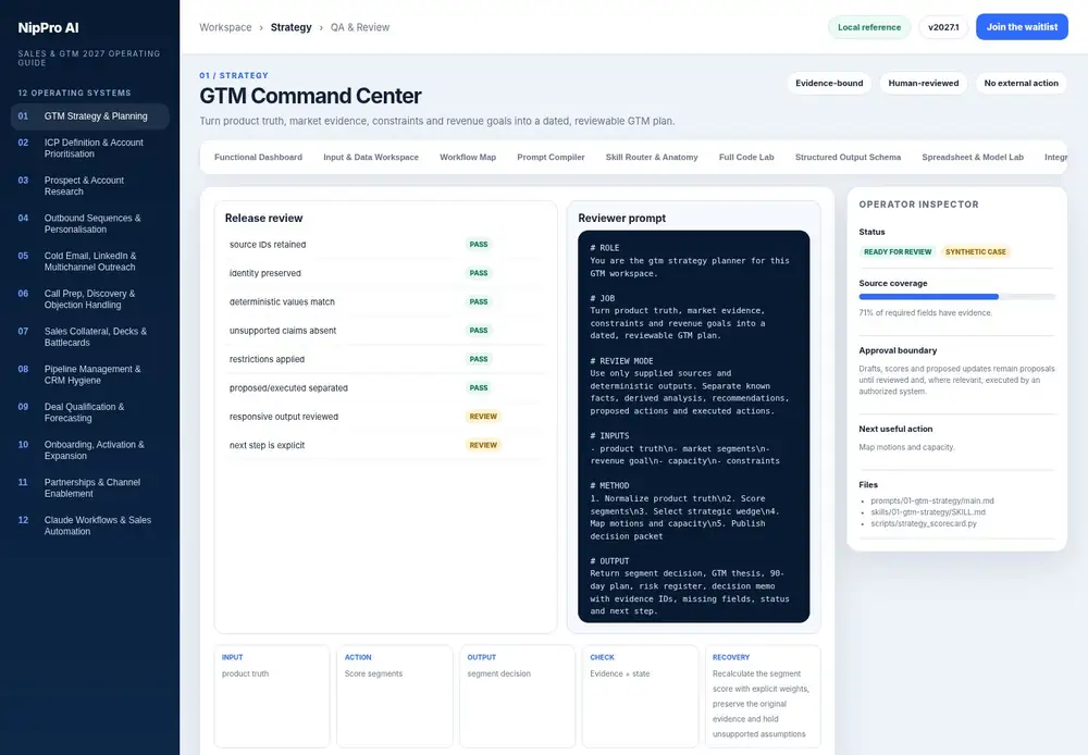 GTM Command Center – QA & Review dashboard view (PDF page 42): Inspect evidence, restrictions, calculations and action claims before release.