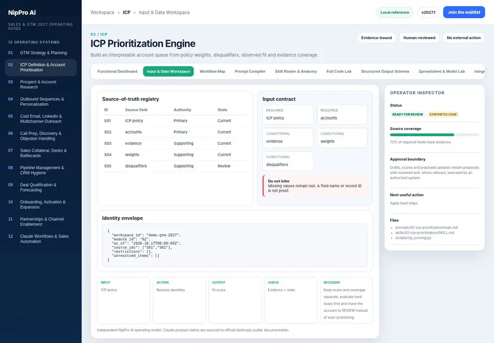 ICP Prioritization Engine – Input & Data Workspace dashboard view (PDF page 49): Prepare evidence, authority, identity and missing fields before reasoning.