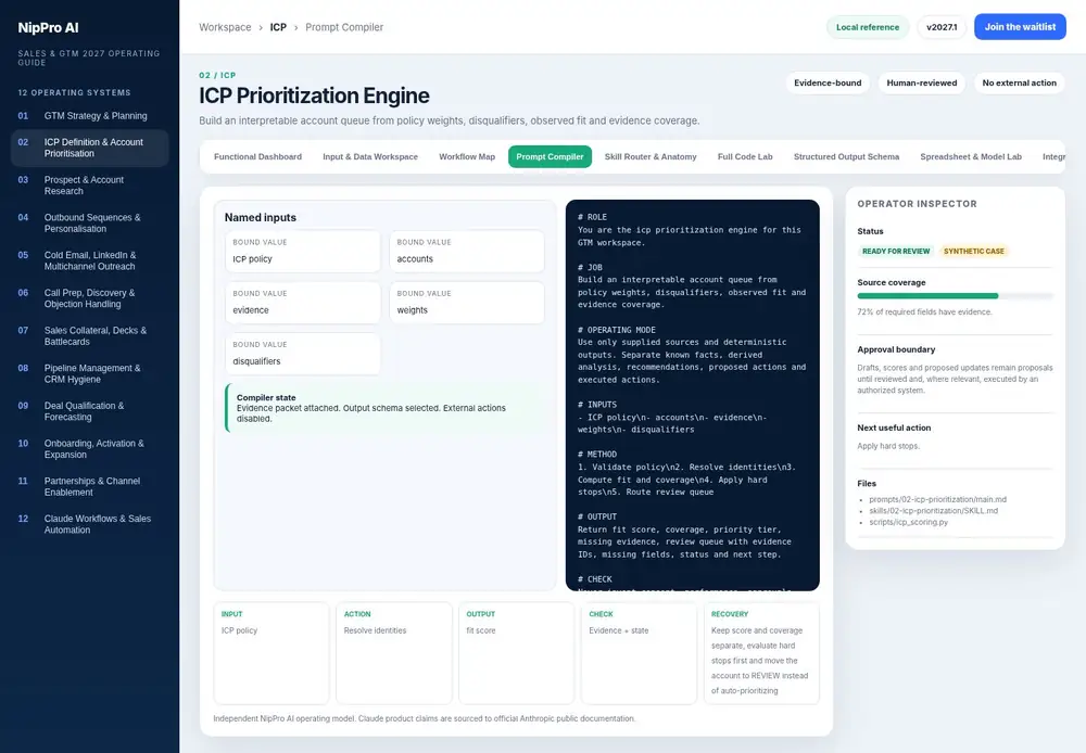 ICP Prioritization Engine – Prompt Compiler dashboard view (PDF page 54): Compile named values into a source-bound prompt with an explicit output contract.