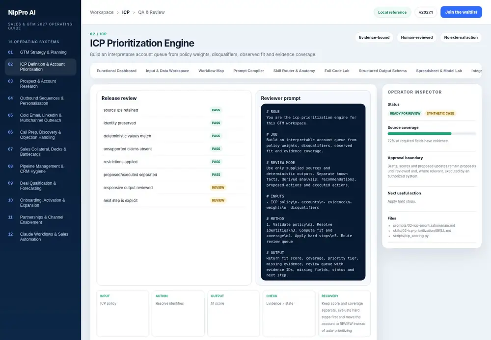 ICP Prioritization Engine – QA & Review dashboard view (PDF page 65): Inspect evidence, restrictions, calculations and action claims before release.