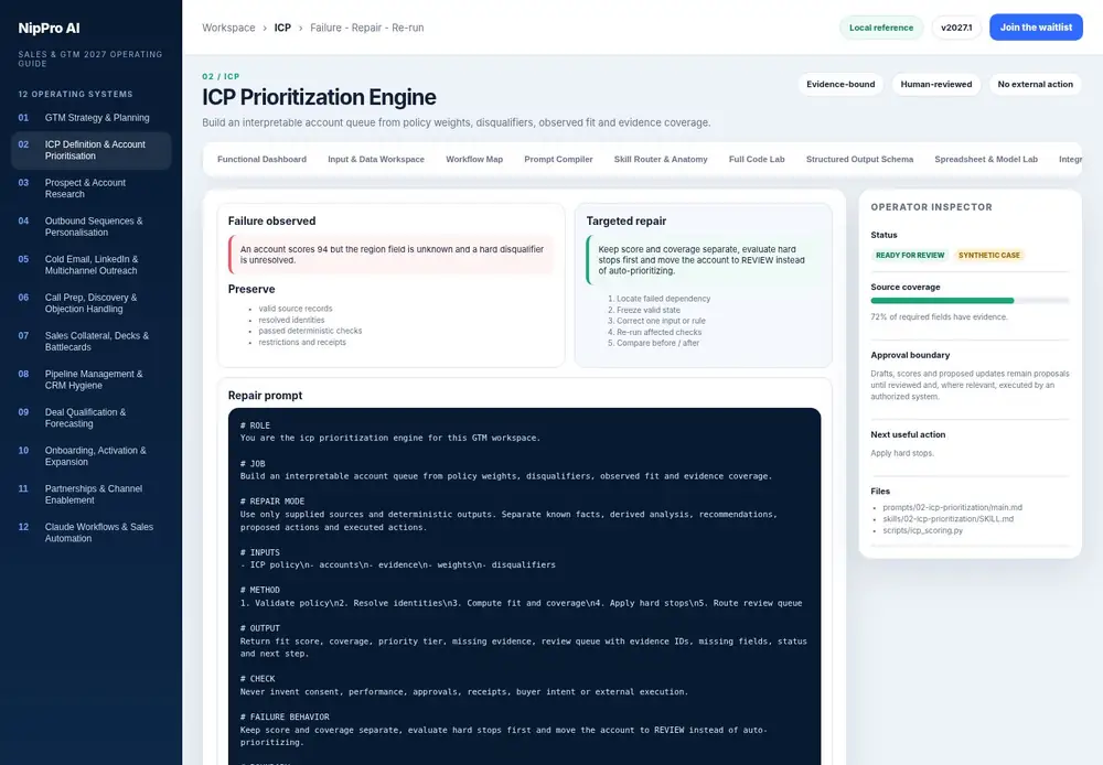 ICP Prioritization Engine – Failure - Repair - Re-run dashboard view (PDF page 66): Preserve valid work and repair only the failed dependency.
