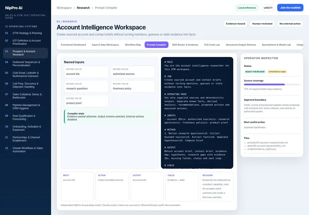 Account Intelligence Workspace – Prompt Compiler dashboard view (PDF page 77): Compile named values into a source-bound prompt with an explicit output contract.