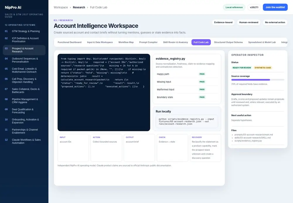 Account Intelligence Workspace – Full Code Lab dashboard view (PDF page 82): Run exact calculations and state transformations outside the writing step.