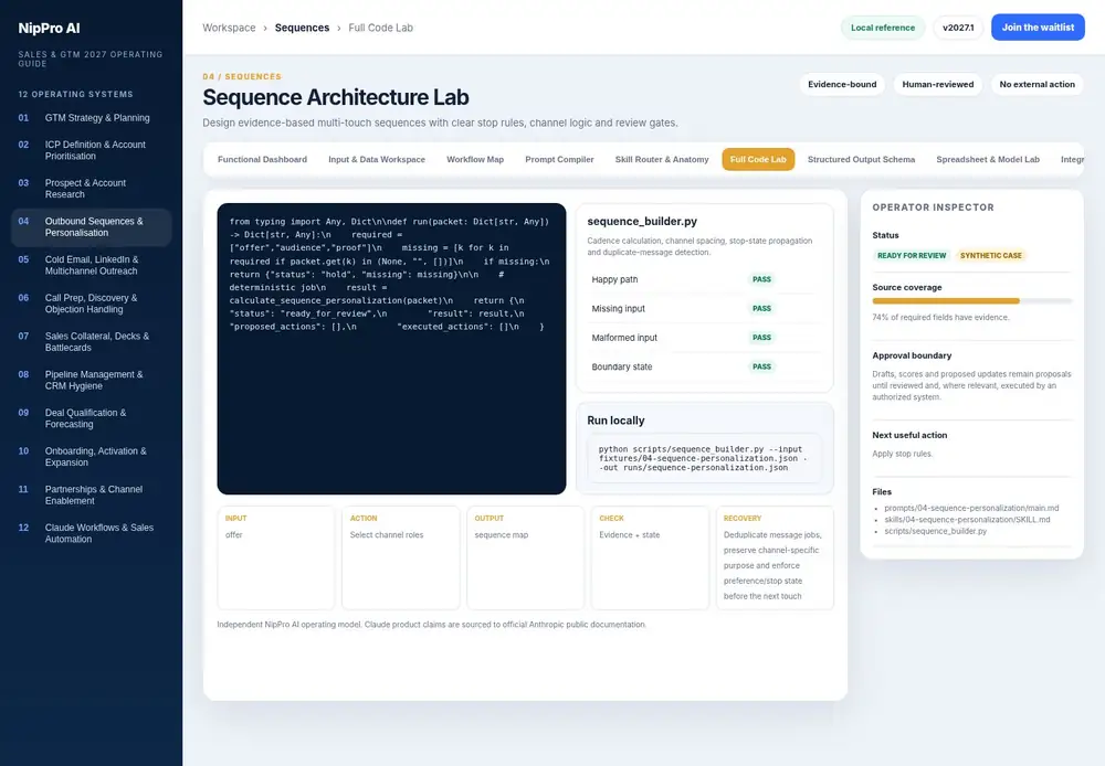 Sequence Architecture Lab – Full Code Lab dashboard view (PDF page 105): Run exact calculations and state transformations outside the writing step.