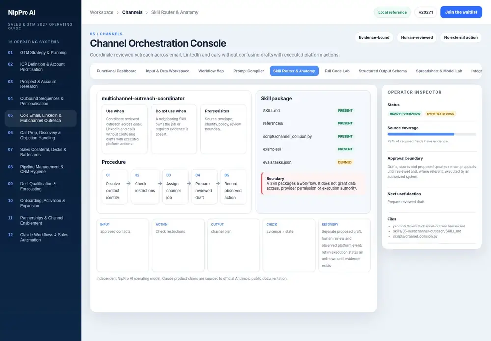 Channel Orchestration Console – Skill Router & Anatomy dashboard view (PDF page 127): Package the repeatable procedure without turning access or execution into hidden assumptions.