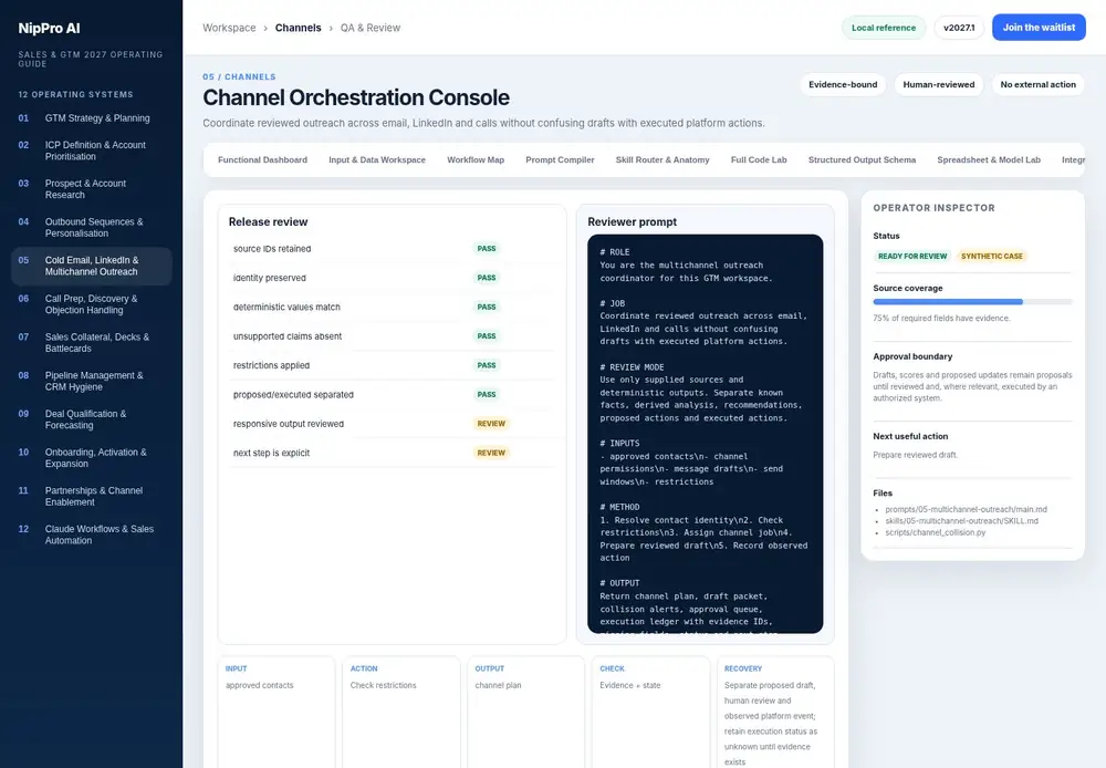 Channel Orchestration Console – QA & Review dashboard view (PDF page 134): Inspect evidence, restrictions, calculations and action claims before release.