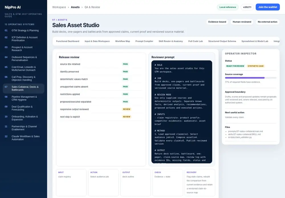 Sales Asset Studio – QA & Review dashboard view (PDF page 180): Inspect evidence, restrictions, calculations and action claims before release.