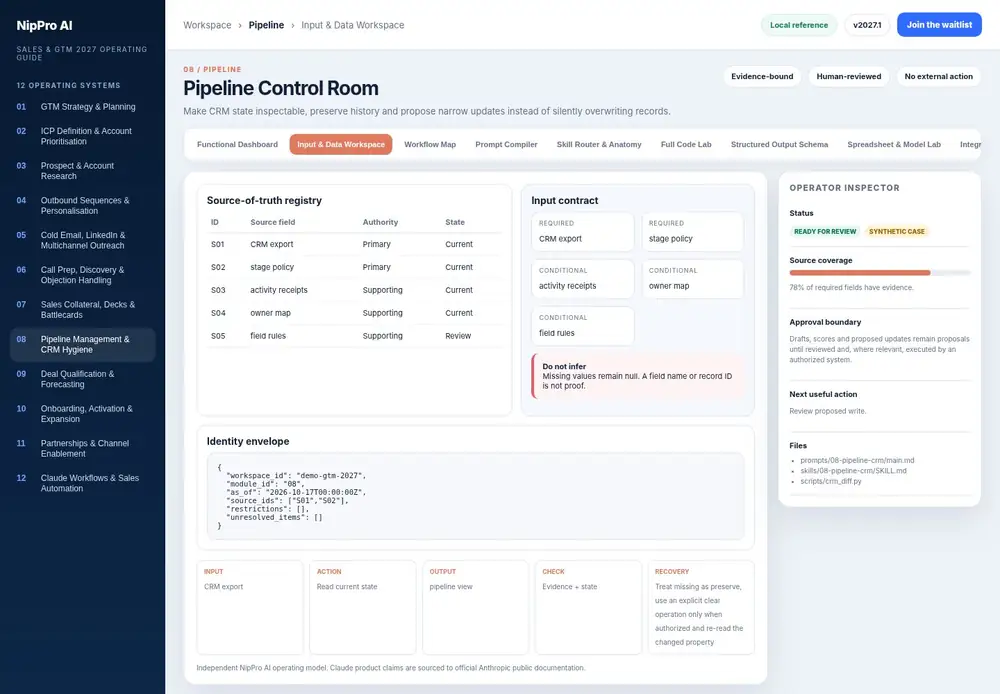 Pipeline Control Room – Input & Data Workspace dashboard view (PDF page 187): Prepare evidence, authority, identity and missing fields before reasoning.