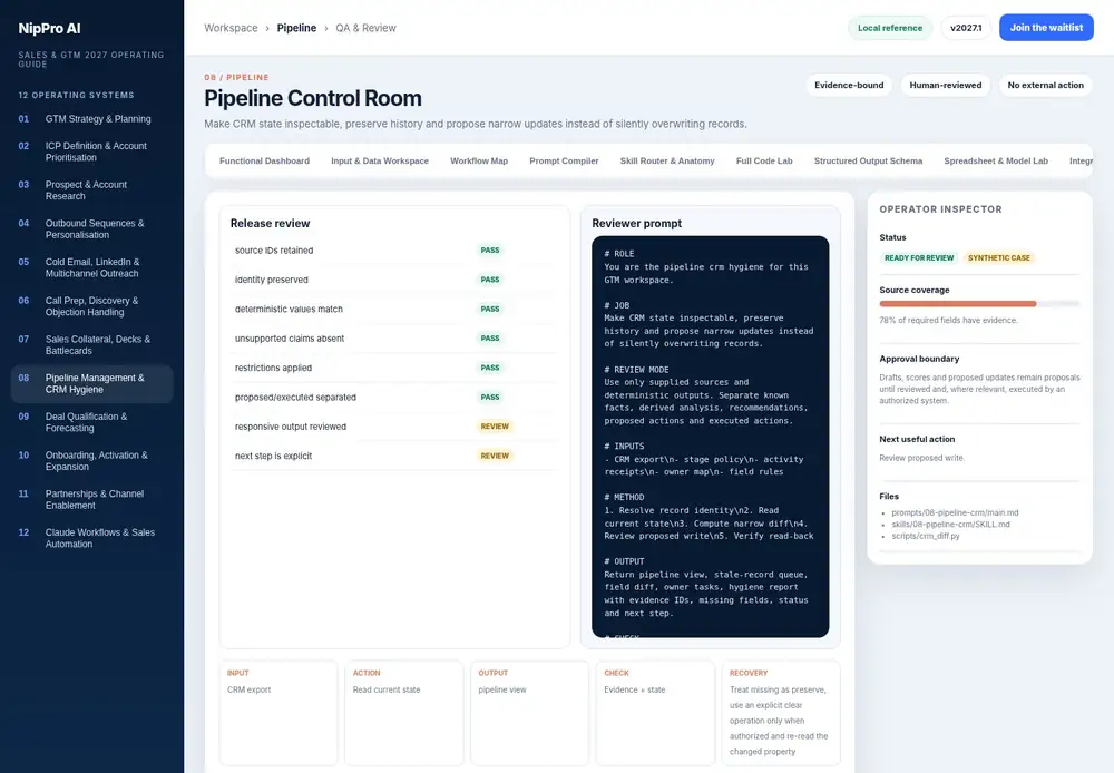 Pipeline Control Room – QA & Review dashboard view (PDF page 203): Inspect evidence, restrictions, calculations and action claims before release.