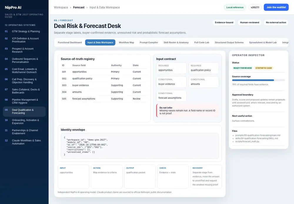 Deal Risk & Forecast Desk – Input & Data Workspace dashboard view (PDF page 210): Prepare evidence, authority, identity and missing fields before reasoning.