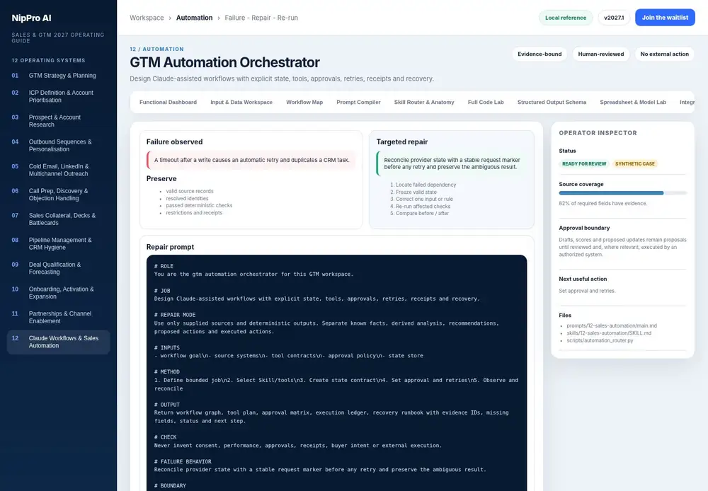 GTM Automation Orchestrator – Failure - Repair - Re-run dashboard view (PDF page 296): Preserve valid work and repair only the failed dependency.